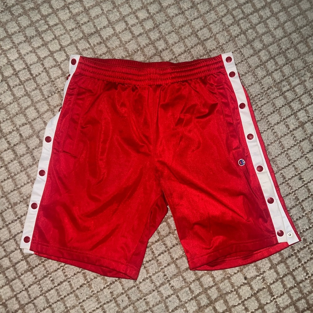 Champion Red Athletic Shorts with White Side Buttons